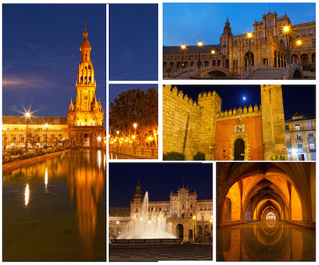 Conjunto de fotos com vistas noturnas de Sevilha, Espanha