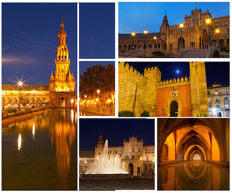 Set of photos with views of night Seville, Spain