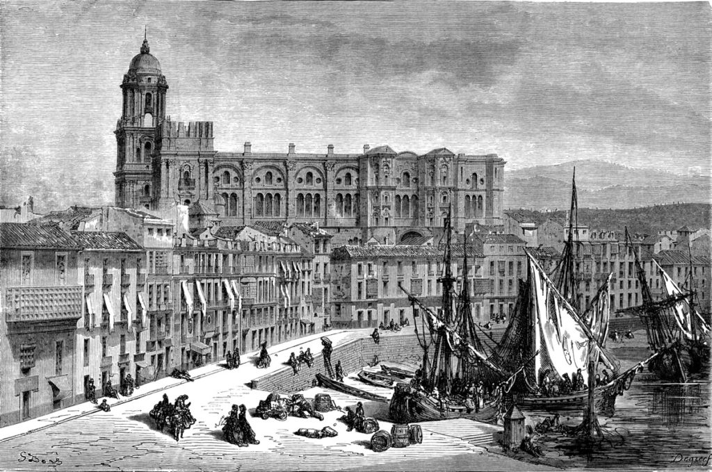 Malagas hamn och katedral 1865